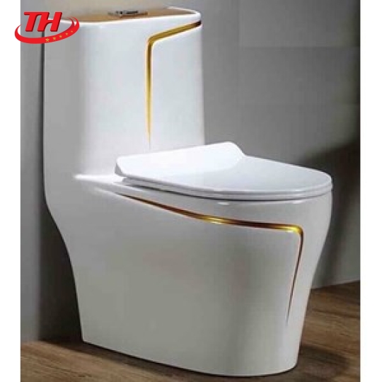 Bồn cầu khối nhập khẩu thân trắng viền vàng xả xoáy