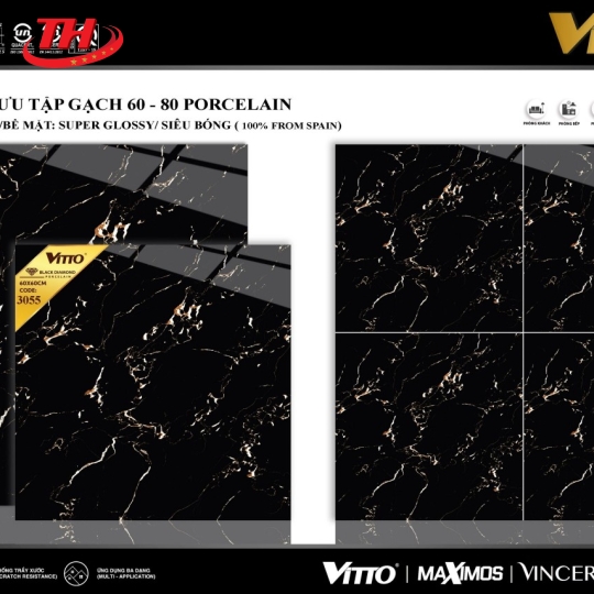 Gạch lát nền Vitto 80x80 Đen vân cam